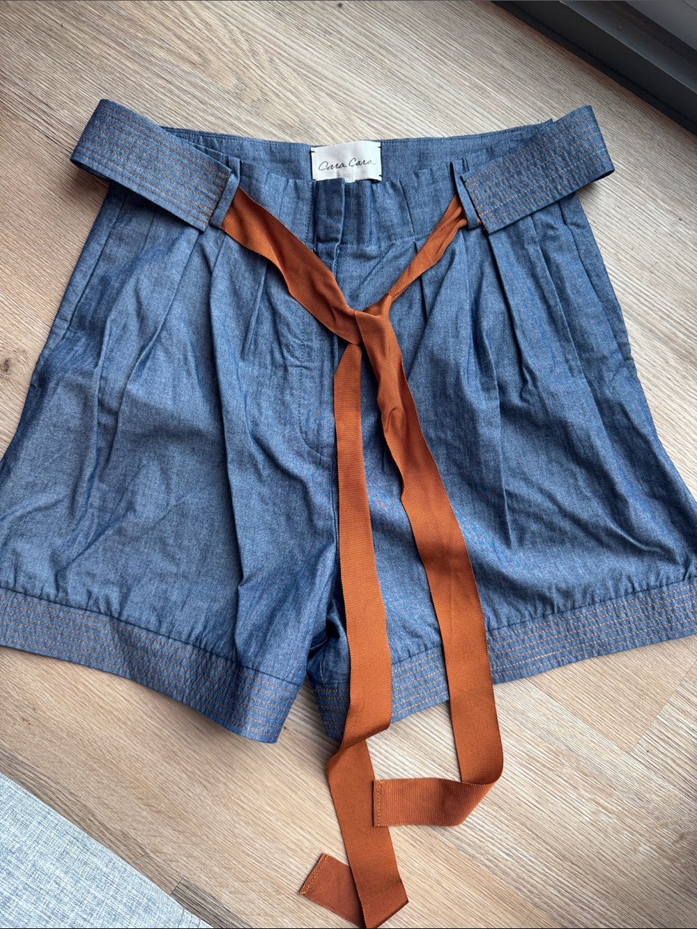 Cara Cara Blue Denim-Look High-Waist Shorts with Rust Tie
